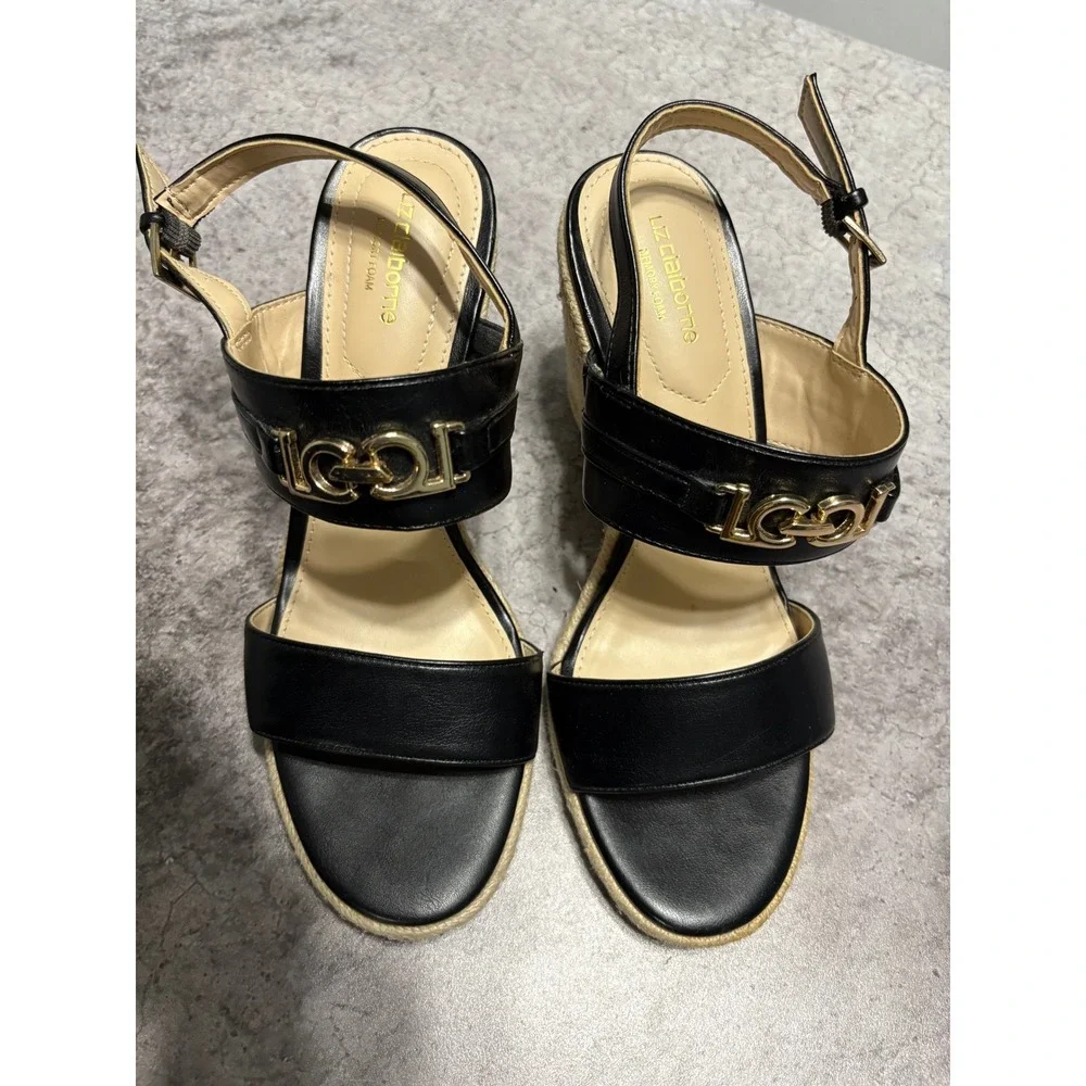 Liz Claiborne LC Amaro Black Espadrille Wedge Sandals Gold Link Accent Womens 7M
